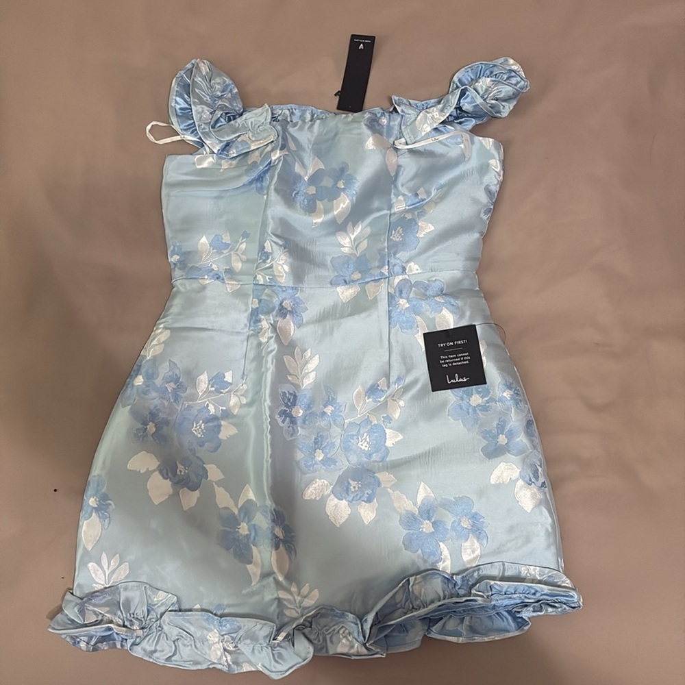 NWT Lulus Pop The Bottle Light Blue Floral Jacquard Ruffled Mini Dress - Size M - Picture 5 of 5